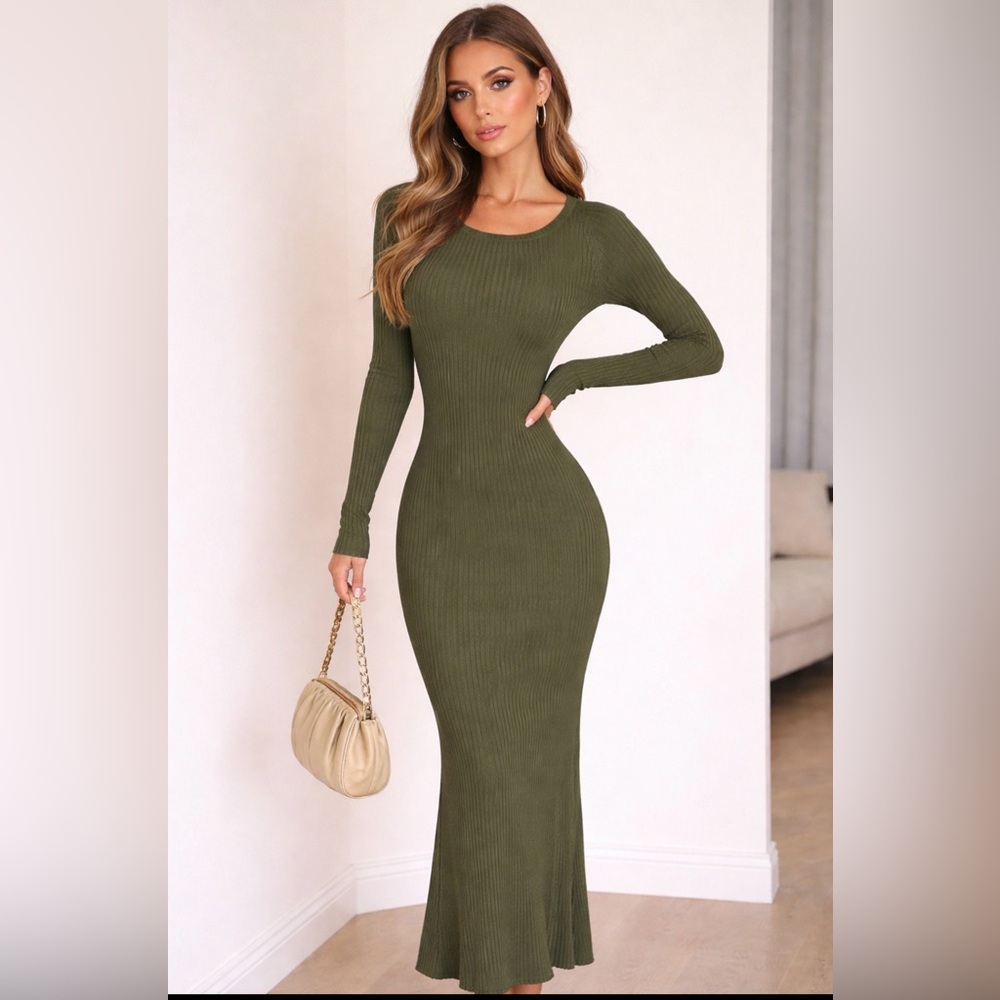 Bardot Olive Green Ribbed Long-Sleeve Maxi Dress Women’s xsmall NWT MSRP $119